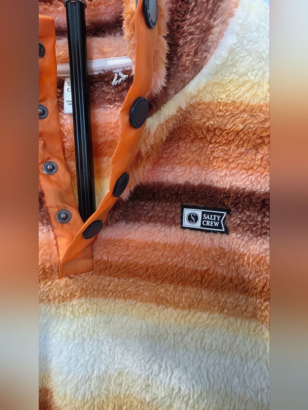 Salty Crew Orange, Brown White Striped Sherpa Snap Pullover Women's Sz Small NWT - Picture 7 of 12